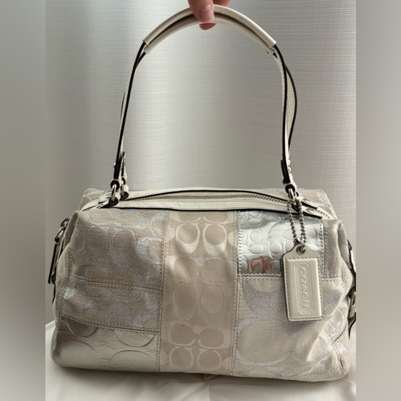 Coach Metallic Silver and Cream Patchwork Mini Boston Bag, VGUC - Picture 1 of 17